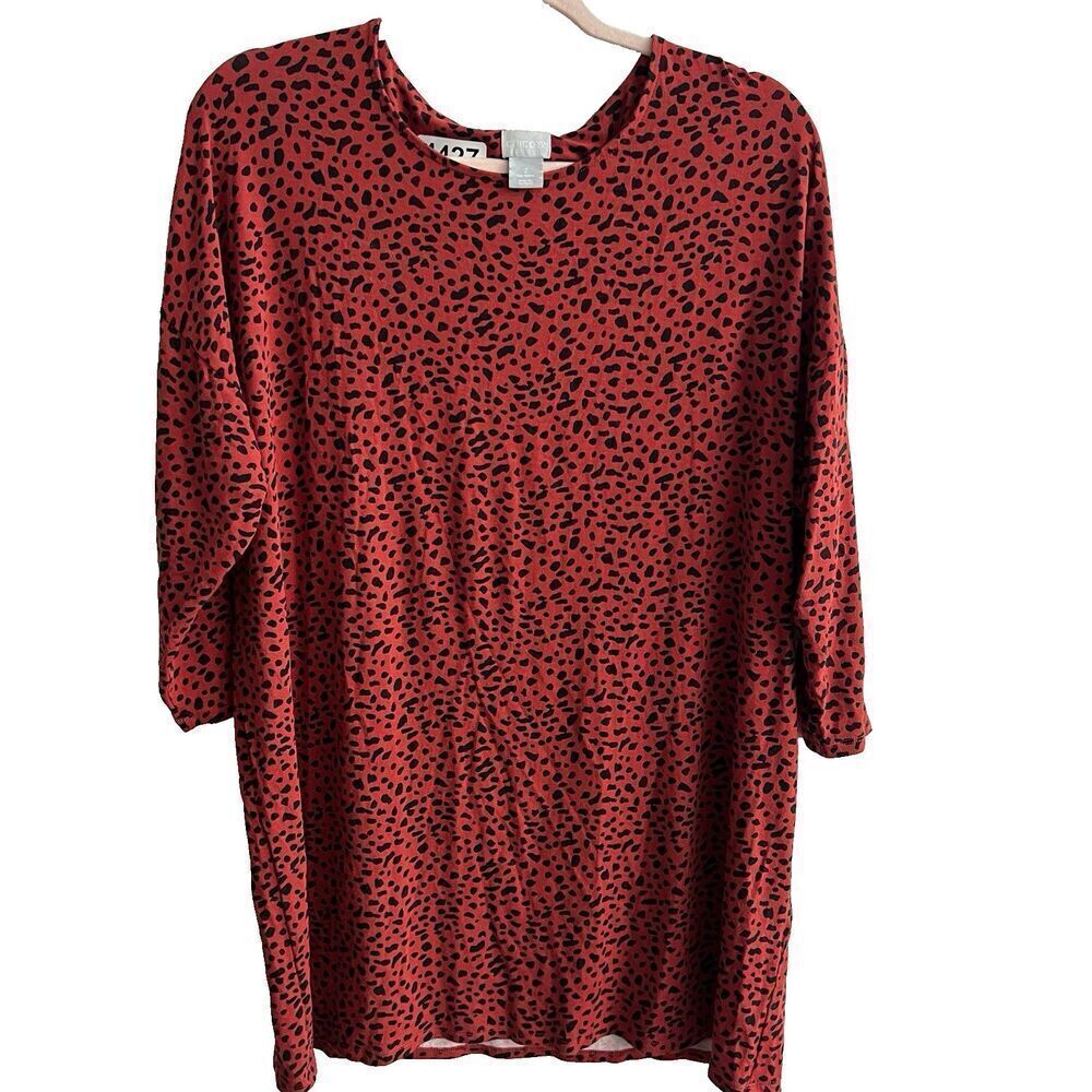 Chico’s Red Animal Print Tunic Top 2 Large 3/4 Sleeve Lagenlook Classic Stretchy